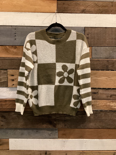 Olive Checkers and Daisies Sweater