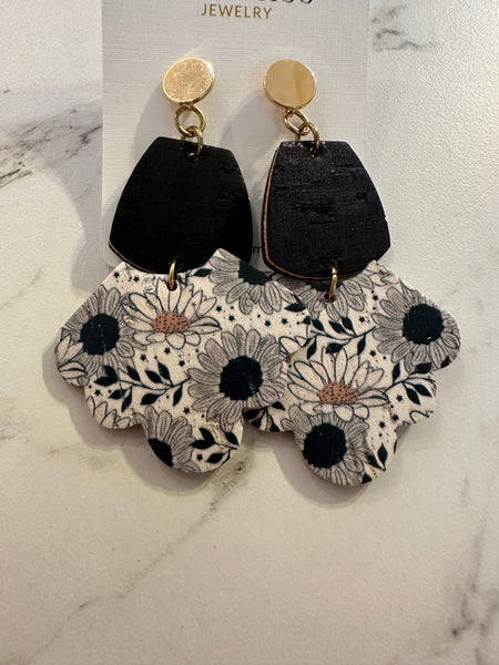 Black Monochrome Sunflower Earrings