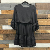 3/4 Sleeve Black Ruffle Dress