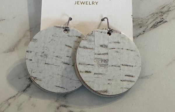 Cork & Leather Round White Earrings