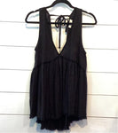 Black Linen Double V Tank