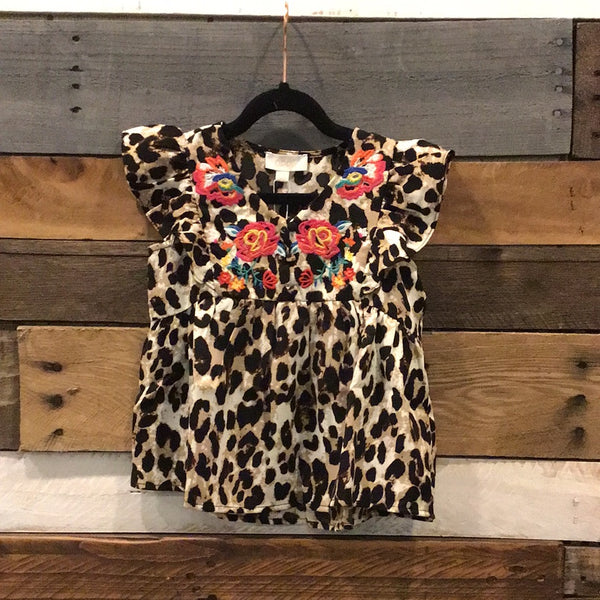 Girl’s Embroidered Leopard Babydoll Top